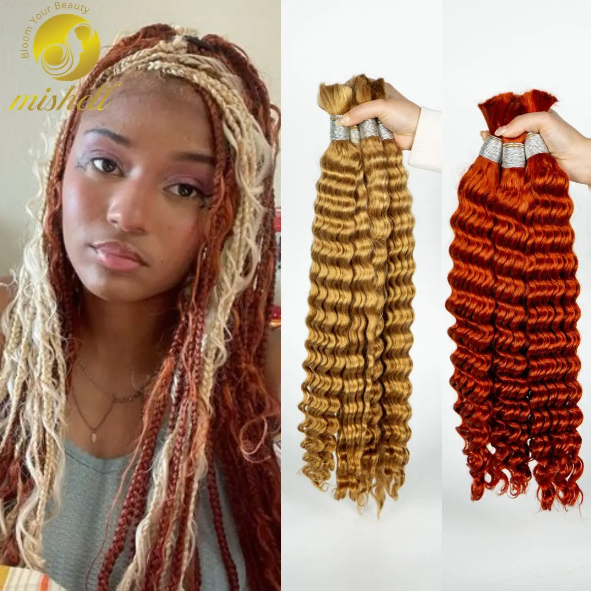 

Deep Wave 350# Ginger Mix 27#Ombre Human Hair Bulk for Boho Braids 100% Virgin Human Hair Extensions No Weft for Box Braiding