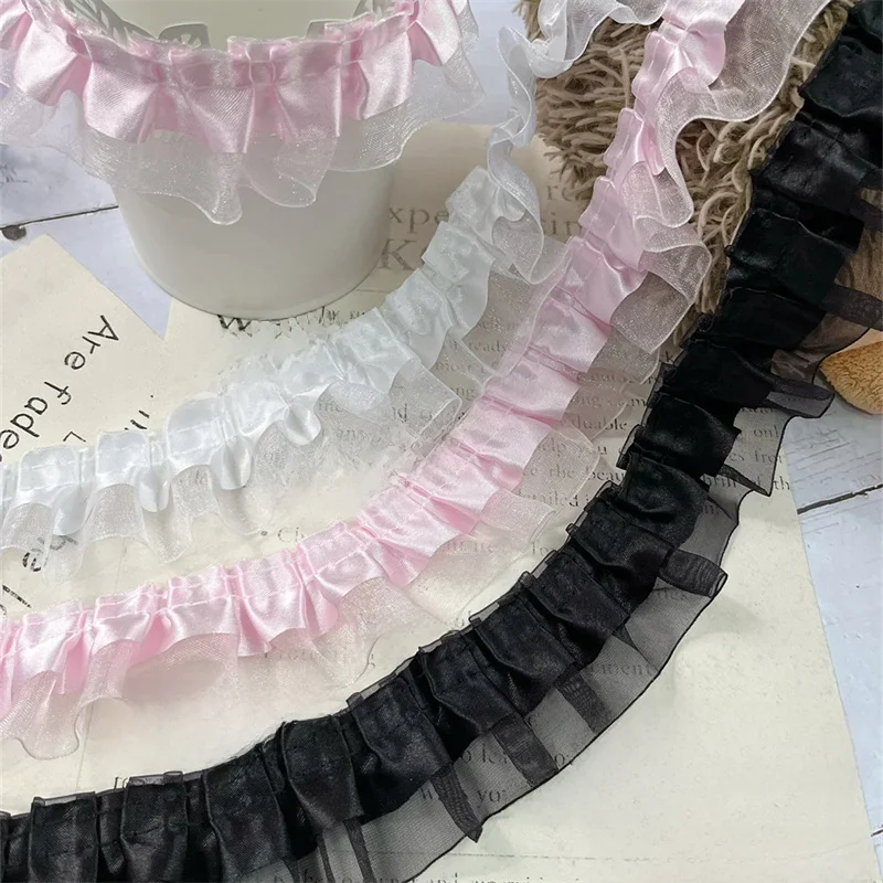 4CM Szeroka podwójna warstwa Biały Czarny Różowy Plisowana Koronkowa Wstążka Robótki ręczne Falbana Wykończenie Lolita Sukienka Odzież DIY Szycie Dekoracje — zdjęcie 2
