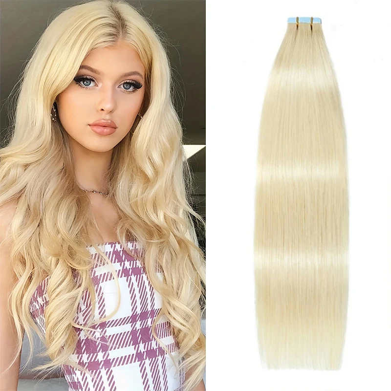 HAIRTIME Blonde Tape In Hair Extensions Human Hair #613 Bleach Blonde 20pcs Double Side Seamless Remy Human Hair 16-26Inches