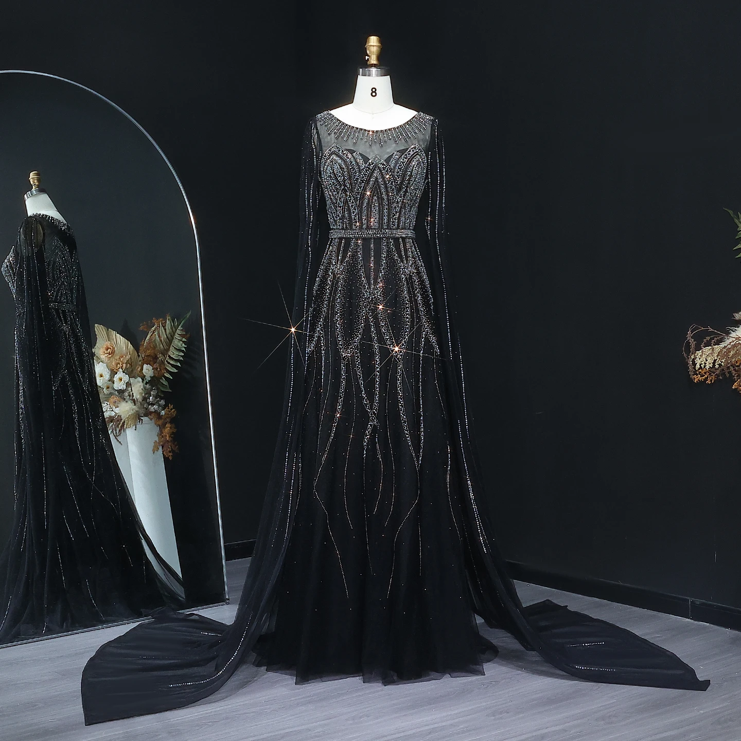 

Sharon Said Ethereal синее роскошное вечернее платье из бисера с накидкой на рукавах, черные арабские женские свадебные платья SS032 по индивидуальному заказу