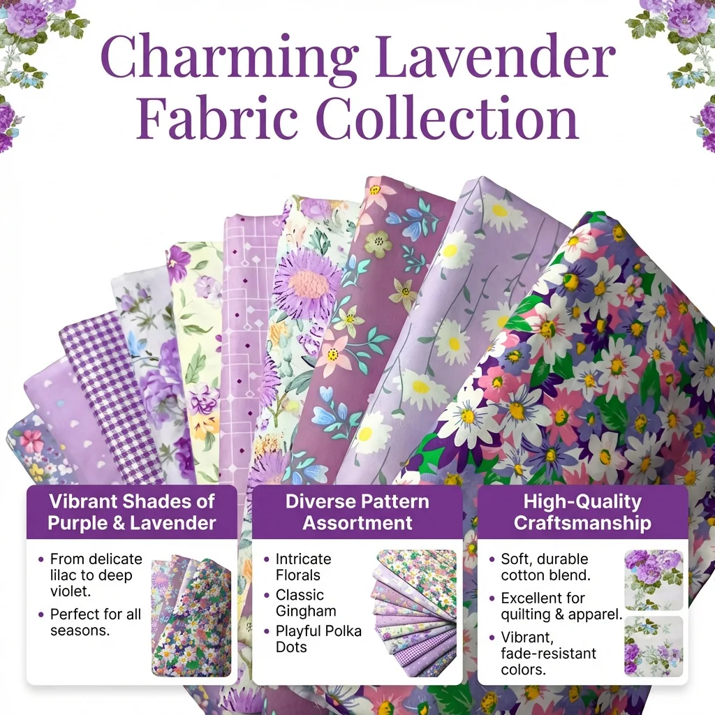 Confezione da 10 tessuti in cotone floreale viola; tessuto pretagliato; forniture per cucito per patchwork e artigianato di abbigliamento fai da te
