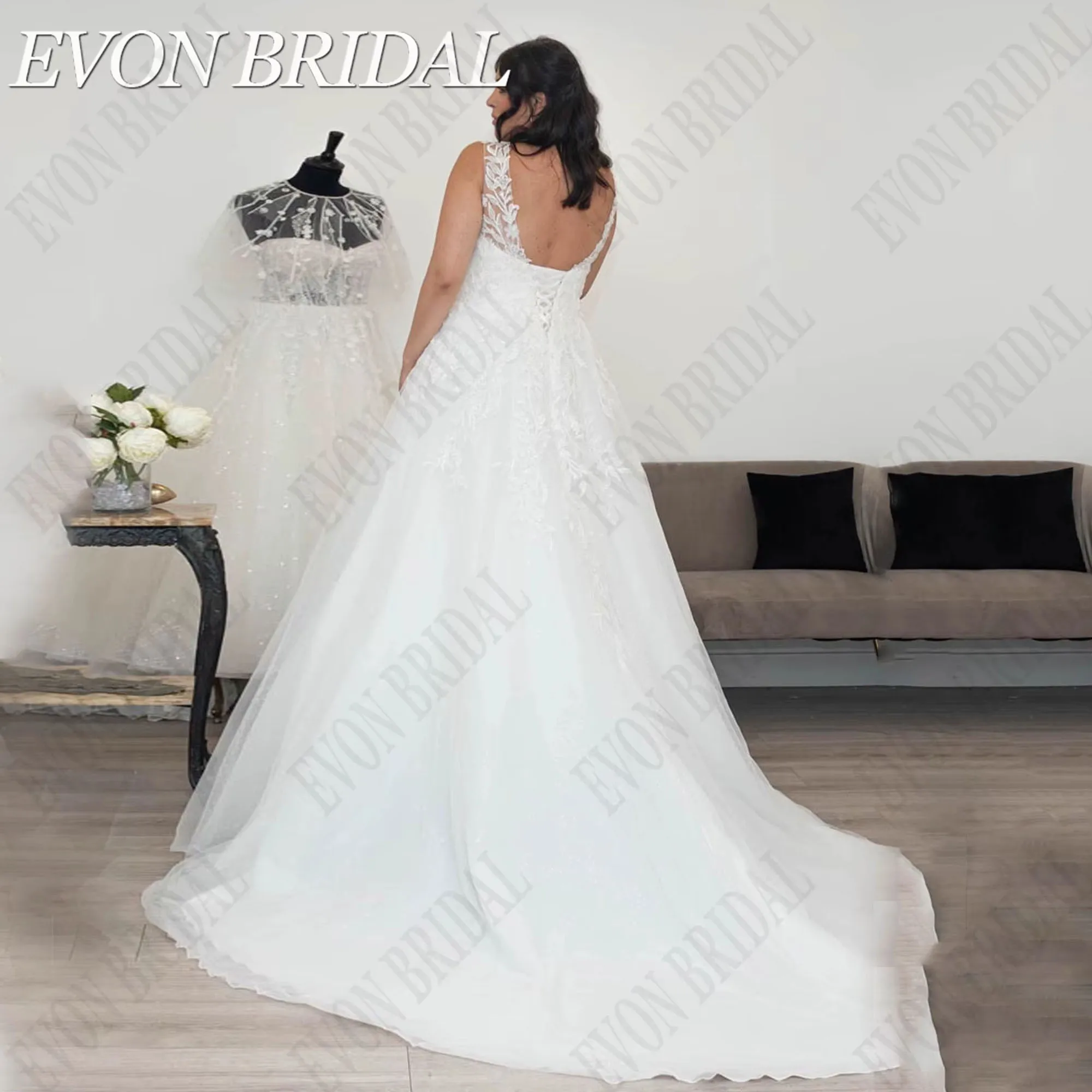 EVON BRIDAL Sparkly Plus Size V-Neck Wedding Dress Sleeveless robe de mariée 2026 Boho Bride Gowns Applique A-Line Customized