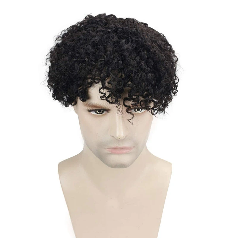 Pwigs Afro Curly Men Toupee Brown Color #1B Human Hair Wigs Full Swiss Lace Toupee Hair Piece For Black Men's wig 10X8inch