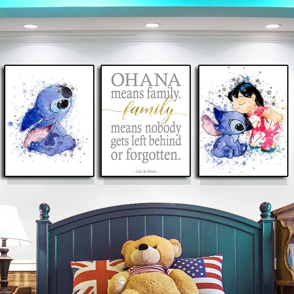 Disney Anime Lilo Quotes Canvas Painting Cute Stitch Ohana Quote for Nursery Poster Print Wall Art Pictures for Home Decor Frame