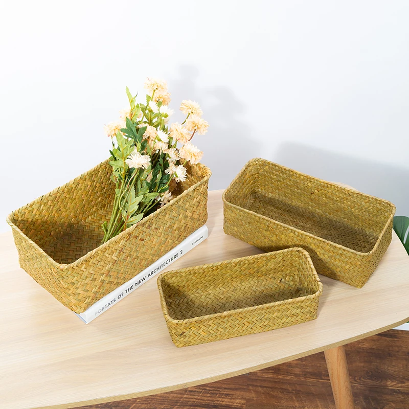 Handwoven Small Seagrass Storage Box Wicker Basket Fruit Bread Snacks Boxes Remote Control Underwear Toys Makeup Organizer