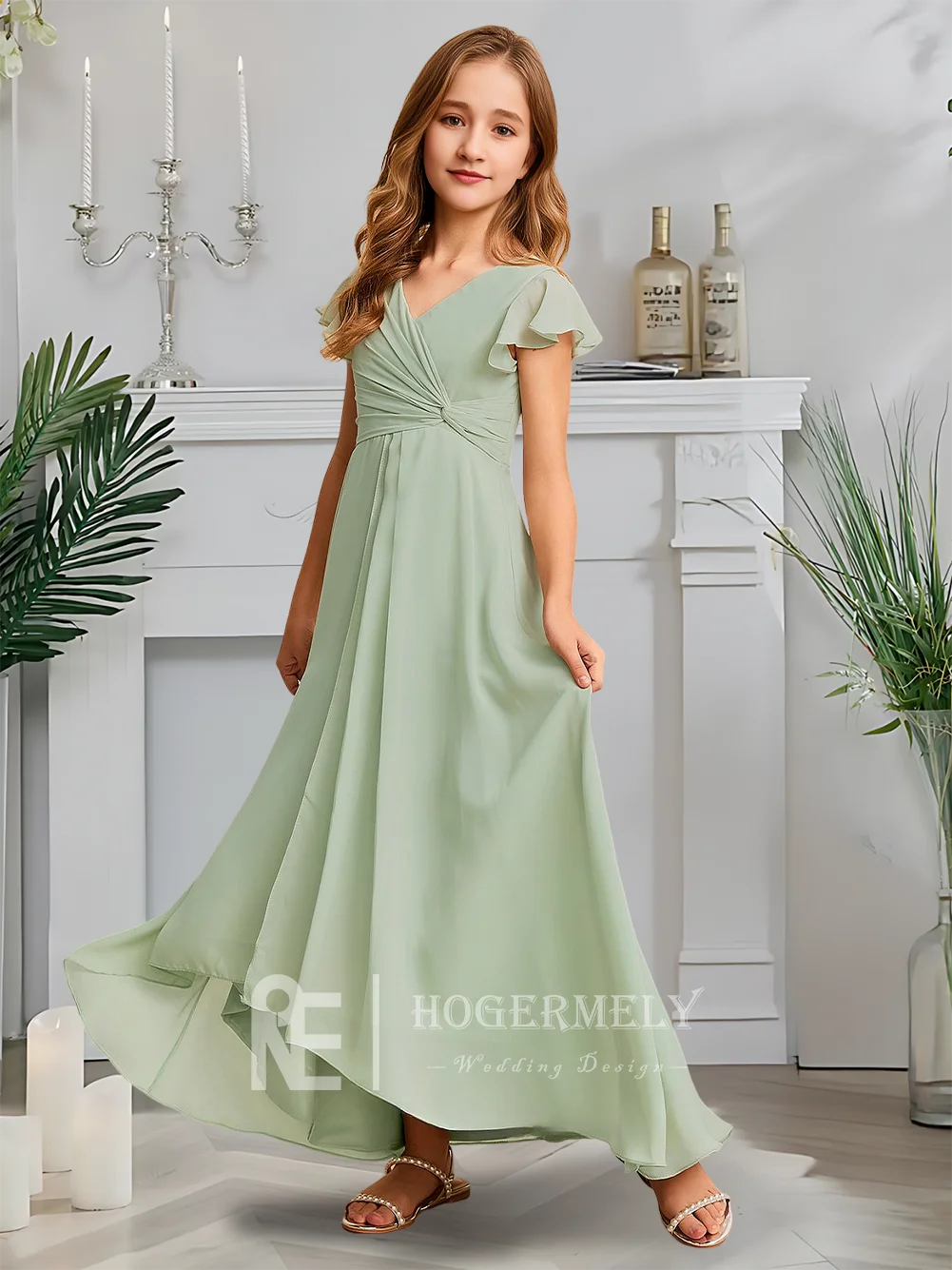 Gaun Pengiring Pengantin Junior Kerah V Gaun Gadis Bunga Celadon Berkabut Gaun Anak-anak Asimetris Sifon A-Line Pesta Pernikahan Soiree Musim Semi