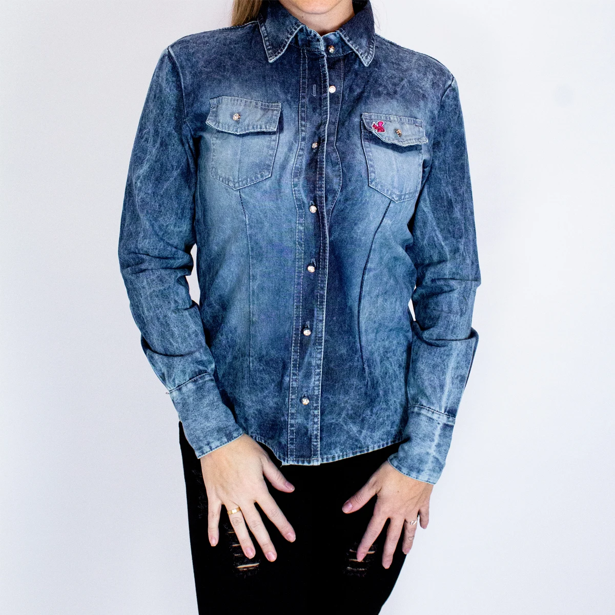 Dark Jeans Buttons Long Sleeve Faded Shirt/Women's Clothing/Shirts And Blouses/Luxury Jeans-Brazil Fast Shipping