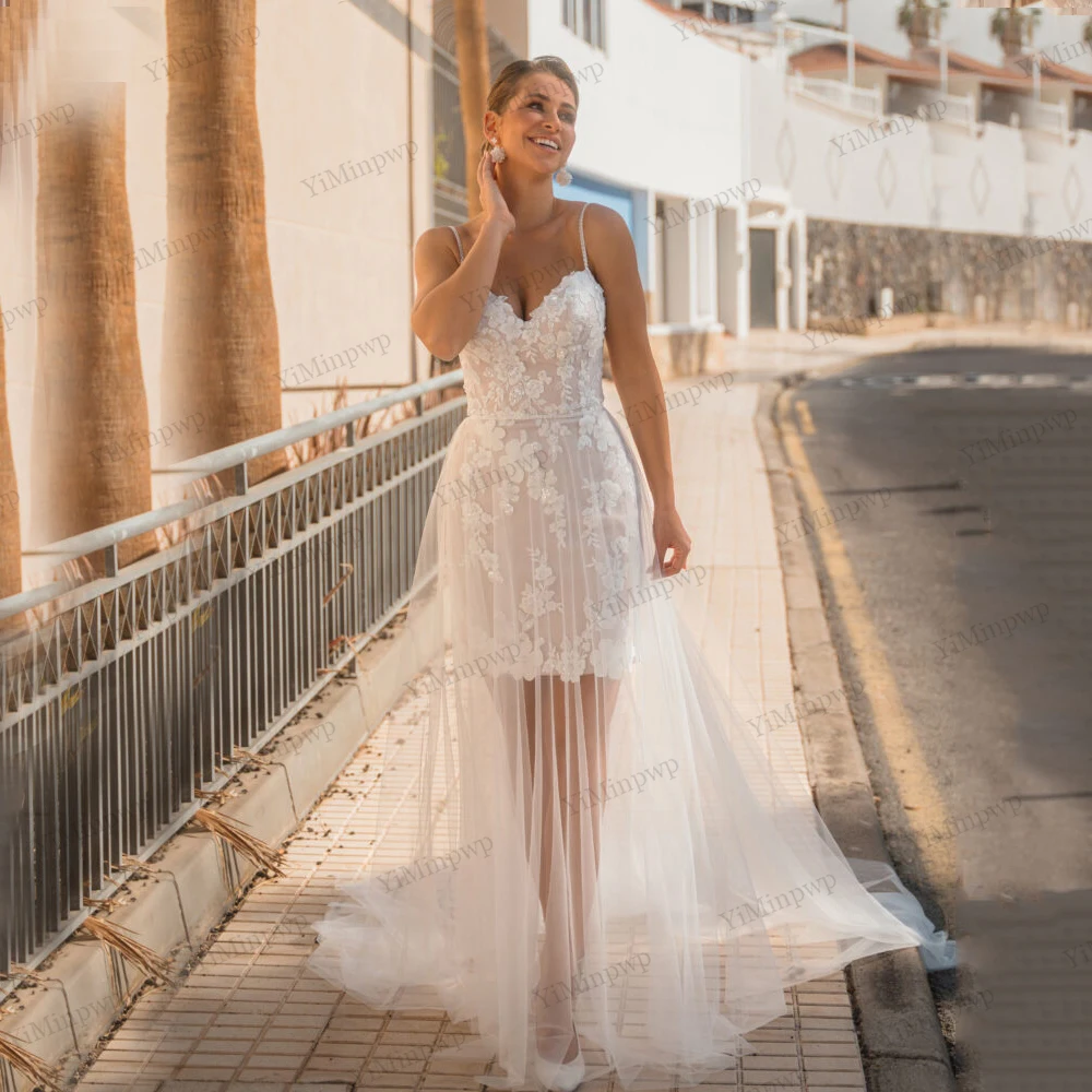

Civil Sweetheart Lace Wedding Dresses Spaghetti Straps Applique Sweetheart Above Knee Bride Shower 2026 Above Knee Customized