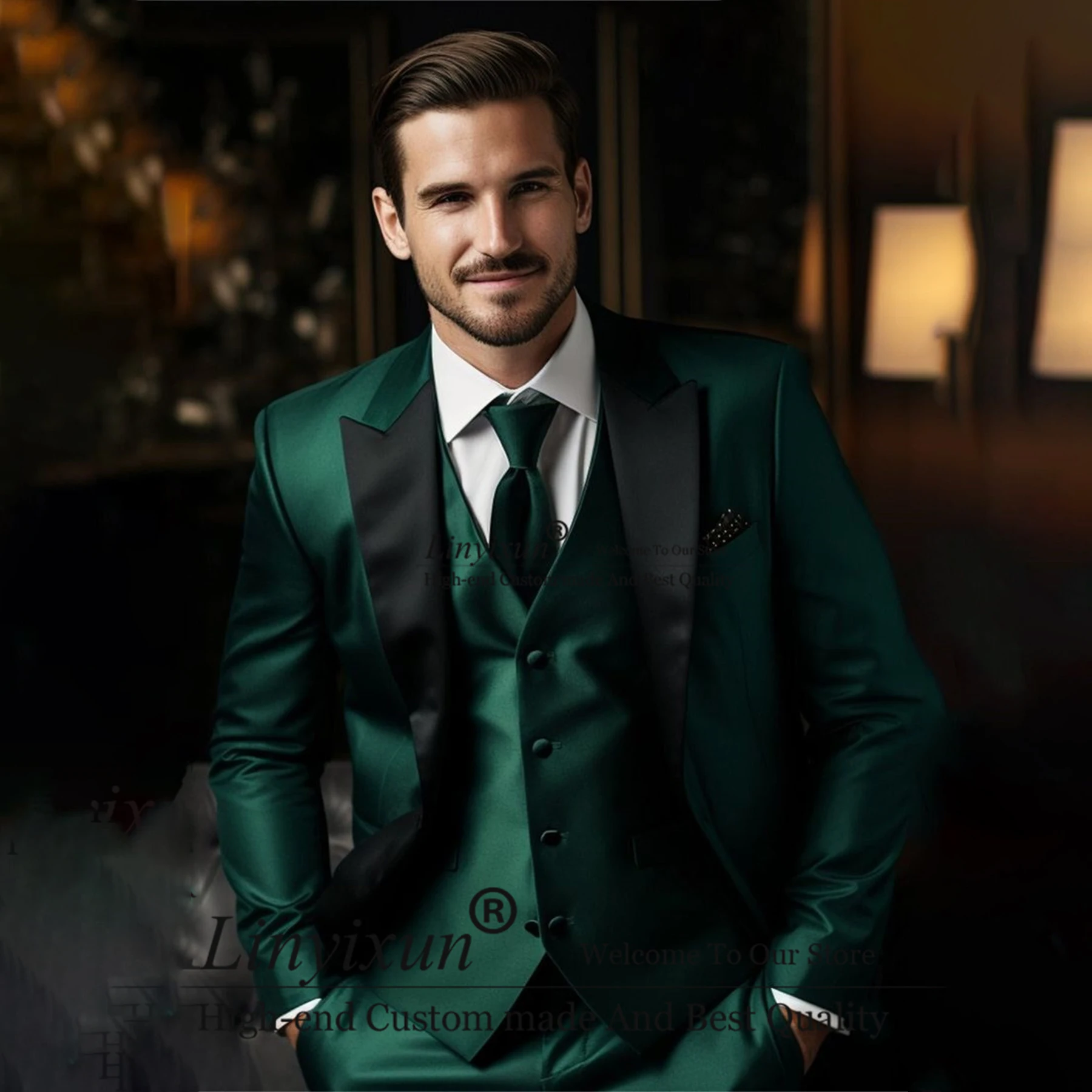 

Green Formal Men Suits Peaked Lapel Wedding Groom Tuxedos 3 Pieces Sets Bridegroom Prom Party Blazers Terno Masculino Completo