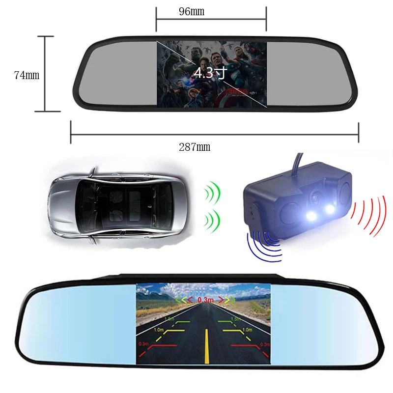 

3in1 Video Parking Sensor Backup Radar With Rear View Camera + 4.3 inch LCD Car Rearview Mirror Monitor Video Parking