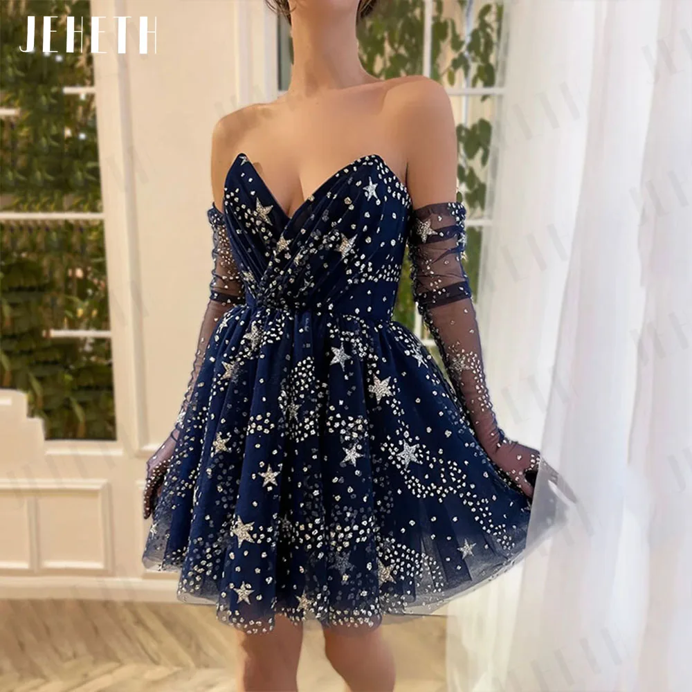 JEHETH Navy Blue Sexy Prom Dress Mini Glitter Starry Party A-Line Open Back Evening Gowns Strapless V-Neck فساتين مناسبة رسمية