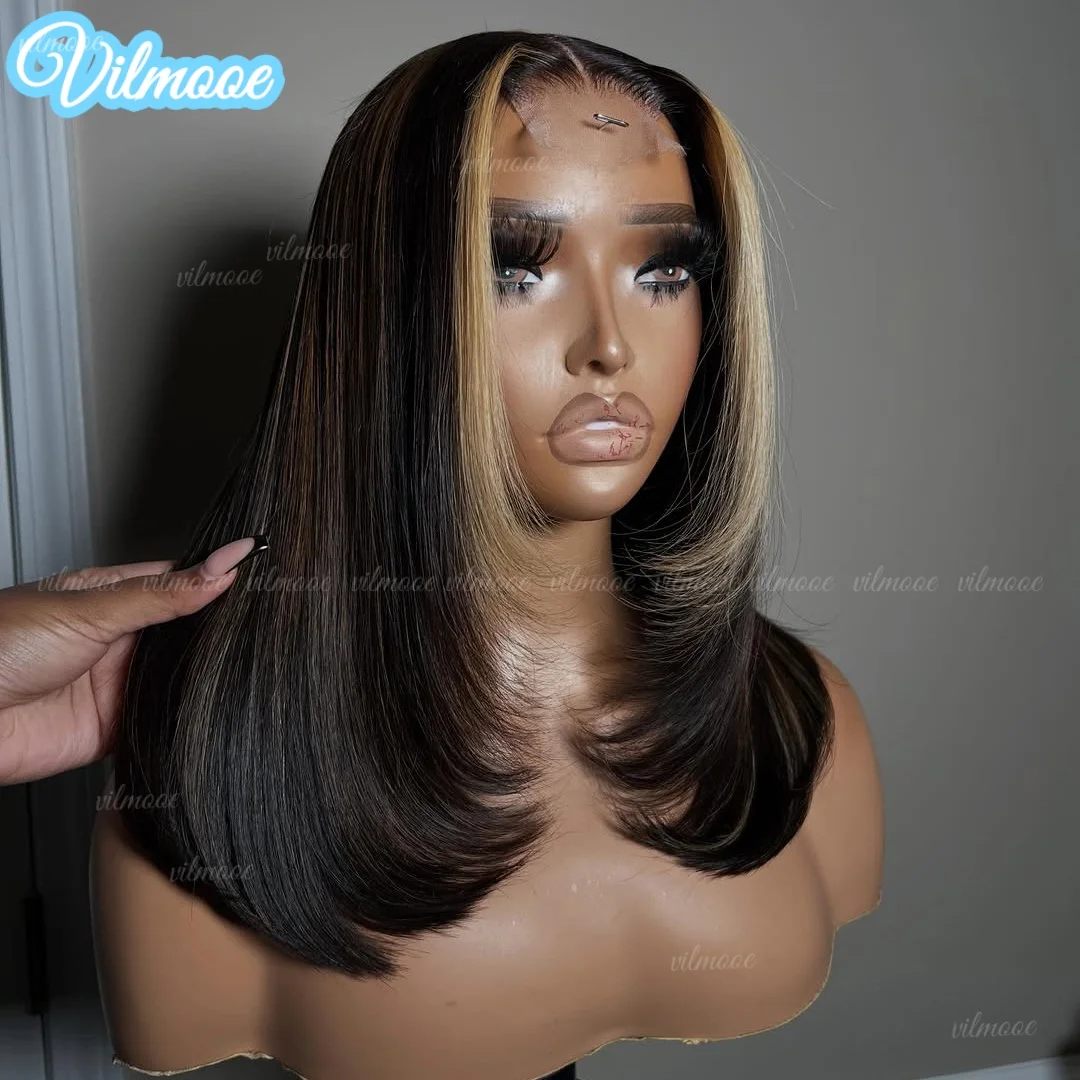 

Layered Straight Blonde Brown Lace Front Human Hair Wigs for Women 360 Remy Human Hairs Wigs Silk Top Closure Wig Preplucked