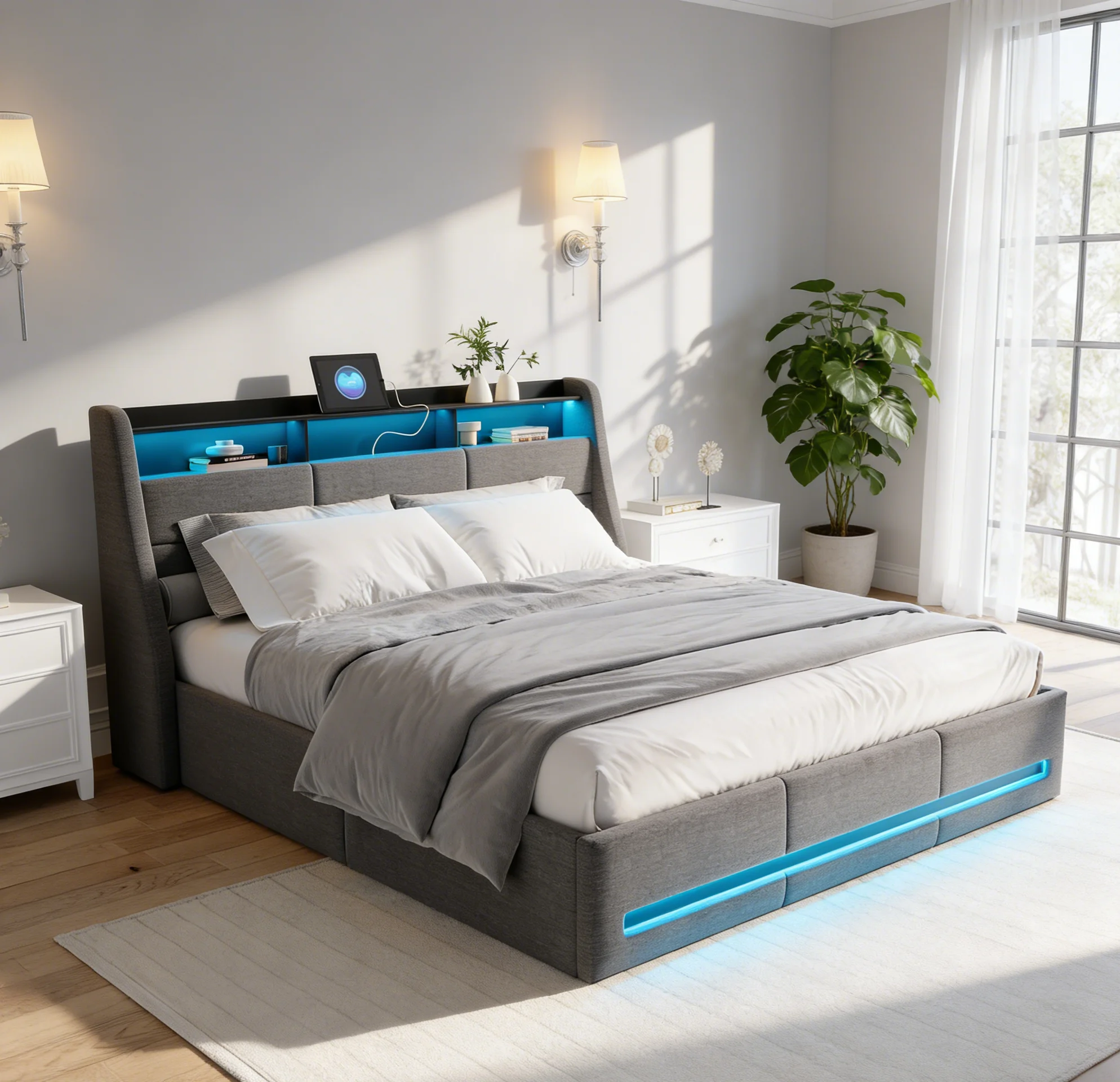 Gepolstertes Doppelbett, Luftdruckbett, mit Stauraum, Kopfteil mit LED-Beleuchtung und USB-Ladeanschluss, Leinenstoff