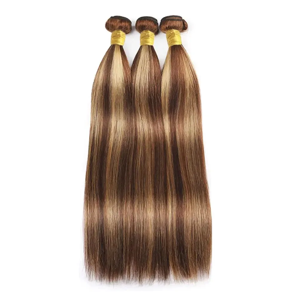 Highlight Bone Straight Bundles with Closure Brown Human Hair Bundles with Closure Ombre Honey Blonde Bundles with Closure