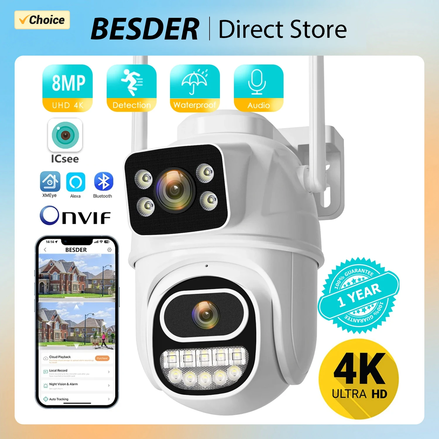 

4K 8MP HD Wifi PTZ Camera Outdoor 4MP Dual Lens Dual Screen AI Auto Tracking IP Camera CCTV Audio Video Surveillance P2P iCSee