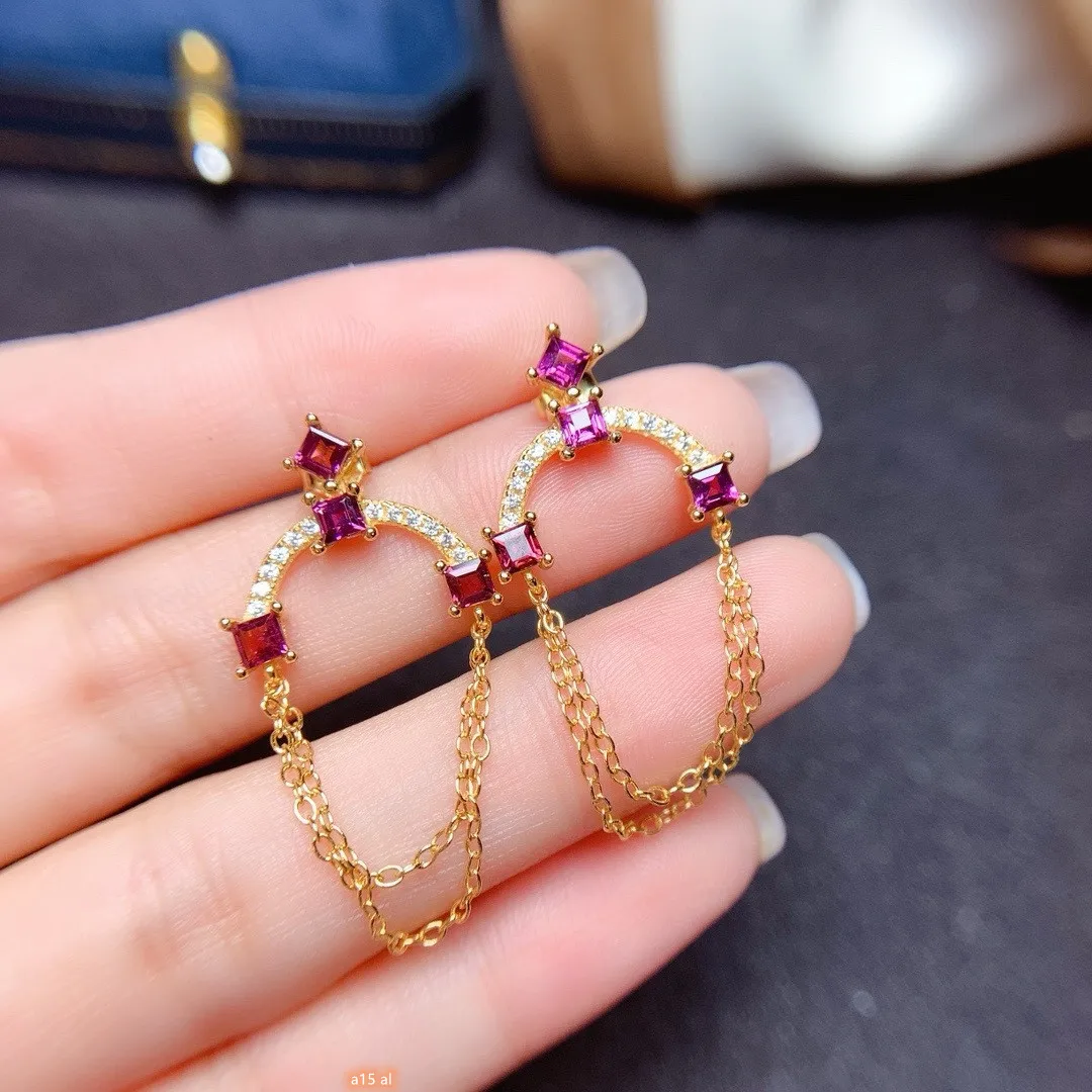 Fine Jewelry 925 Sterling Silver Inset with Natural Magnesium Aluminum Garnet 3x3mm Girl Fringe Earrings to Send Girlfriend New