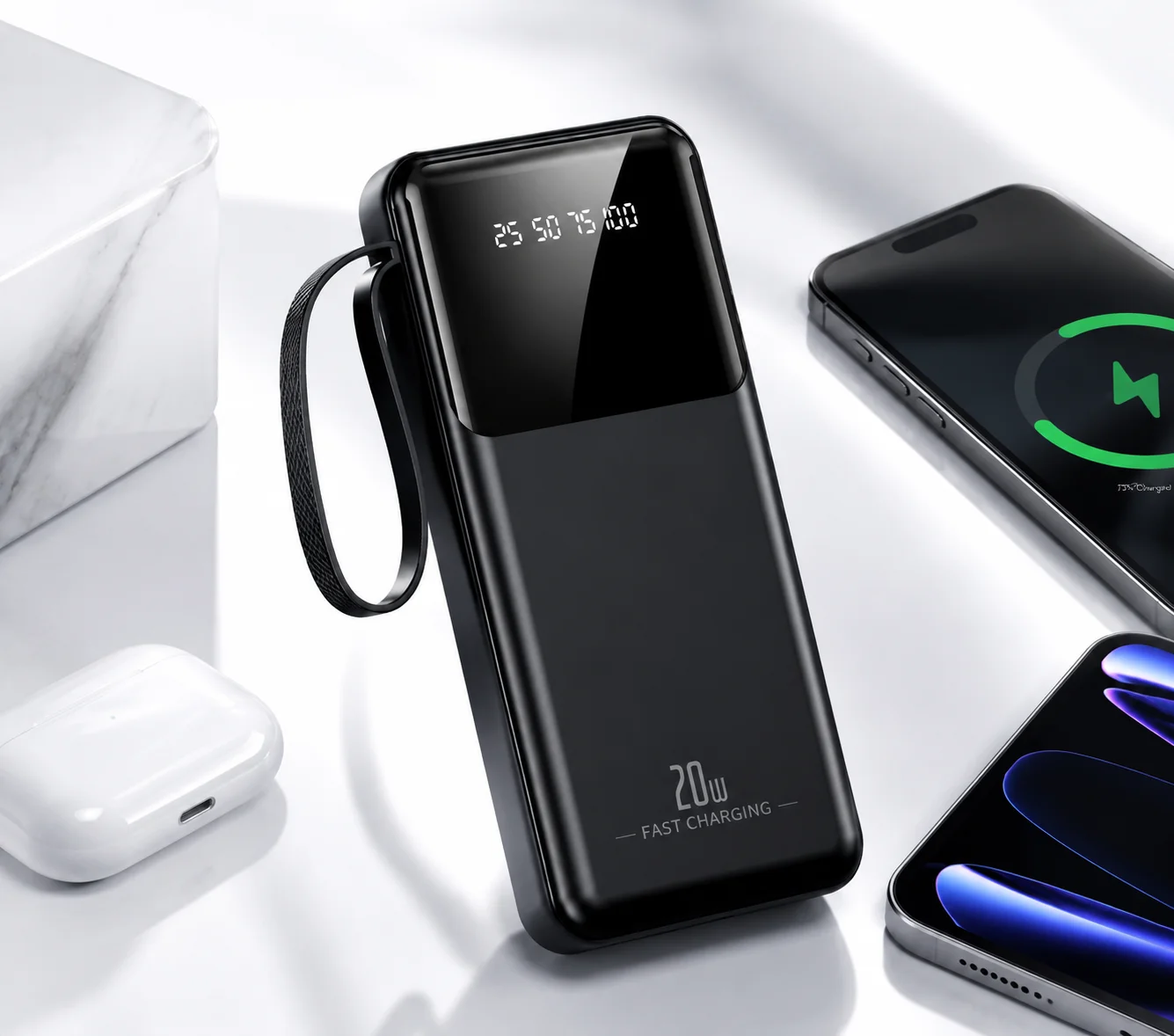 Power Bank 20000mAh com Lanterna e Design em Formato de Mel, Carregador Portátil e Bateria Externa para Viagens Longas