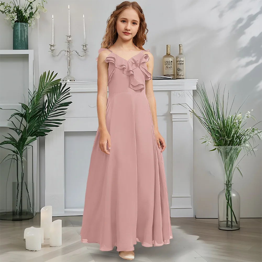 

Designer A-Line Junior Bridesmaid Dress Twilight Emerald Flower Girl Dress V-Neck Floor-Length Chiffon Garden Gala Wedding Party