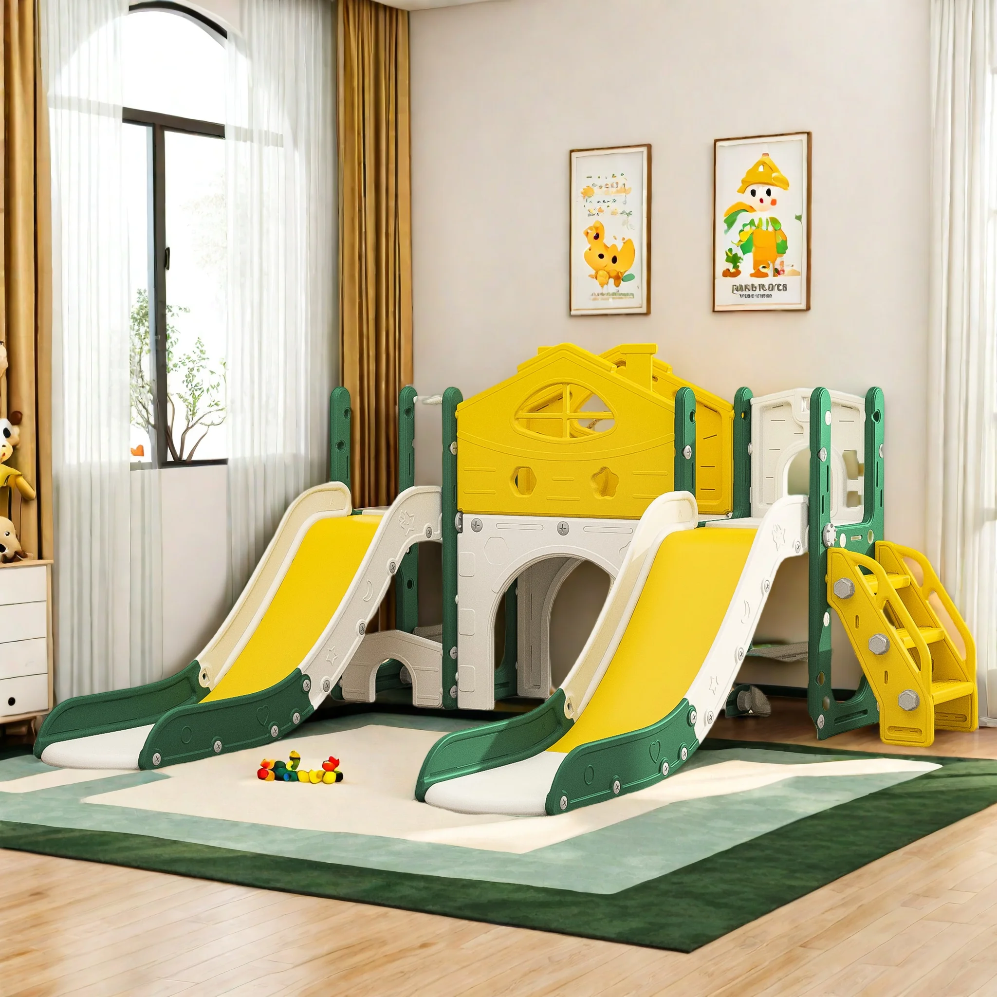 Eine traumhafte Rutsche im Stadtmotiv, eine 7-in-1-Kinderrutsche und eine Kinderschaukel, geeignet für Kinder im Alter von 3-6 Jahren.