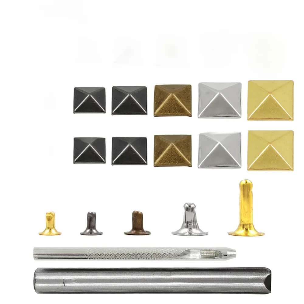 100 ensembles 6-12mm capuchon pyramide en métal Rivets goujons carrés avec outils pour sac artisanal en cuir vêtements vêtements chaussures accessoires