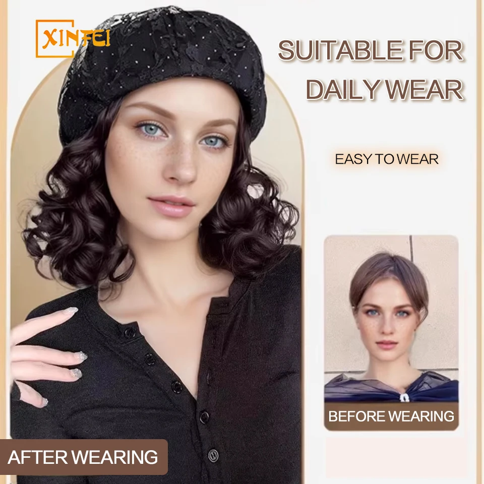 XINFEI Synthetic Hat Wig Female Lace Short Curly Hair Beret One-piece Fashion Octagonal Wig Hat For women