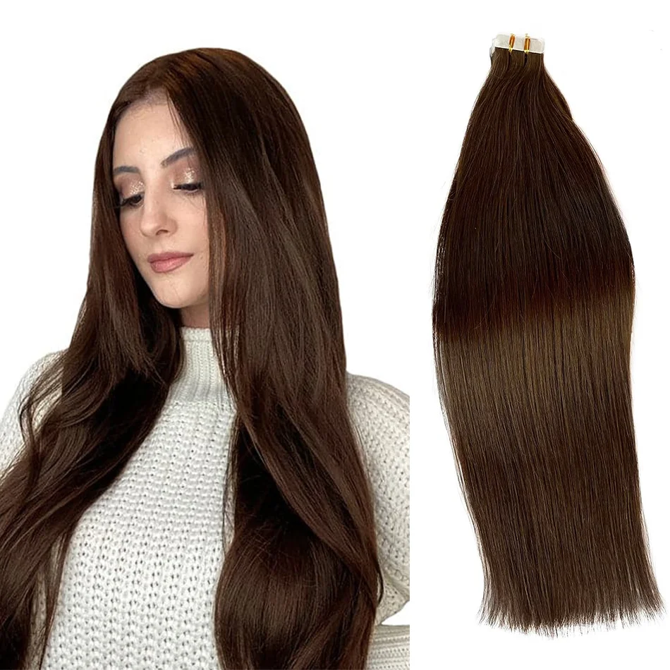 

Лента для наращивания волос, бразильские 100% человеческие волосы Remy, темно-коричневые, 22 24 дюйма, невидимые прямые волосы 12А, 40 шт. для салона