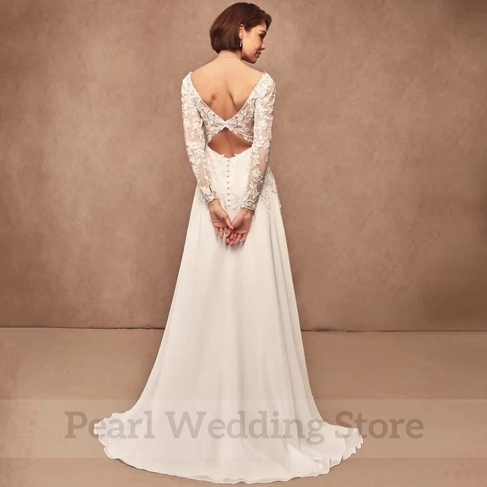 Boho Applique V-Neck Long Sleeve Wedding Dress A-Line Floor Length Sexy Open Back Seaside Elegant Bride Custom Sweep Train Gowns