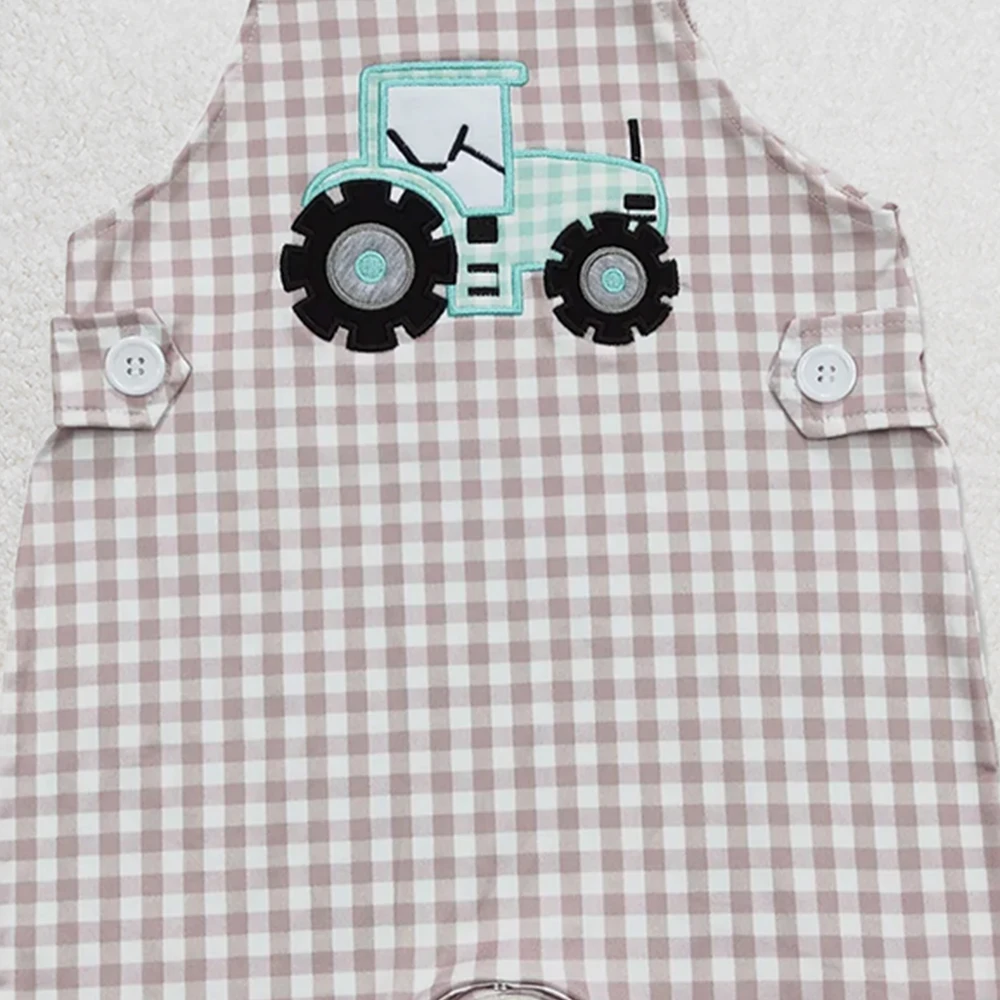 SR0631 Baby Boys Summer Rompers Baby Infant Boys Straps Tractor Khaki Chekered Summer Farm Rompers