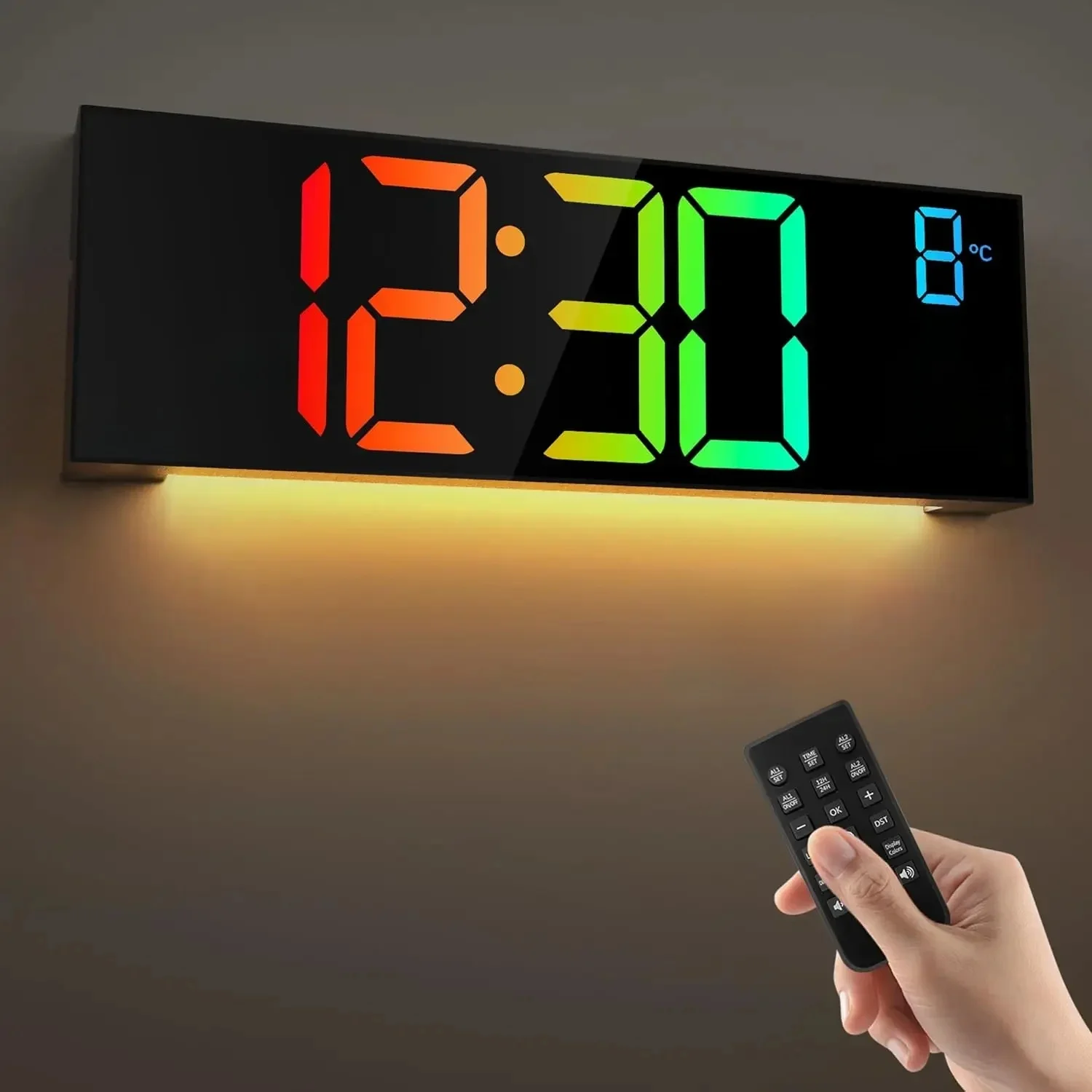 Grande horloge murale numérique 16.2 pouces, avec télécommande, grand LED/double alarme/8 couleurs rvb, réveil numérique, montre électronique