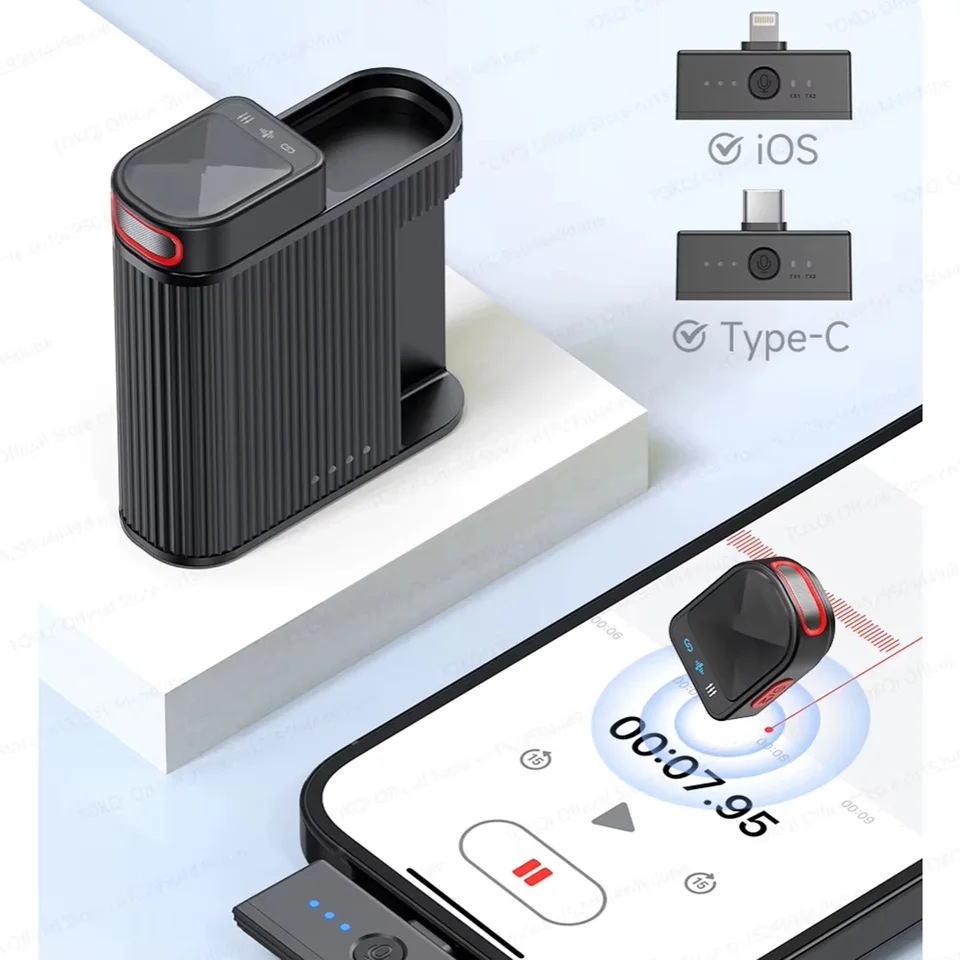 Micrófono de solapa inalámbrico con reducción de ruido ENC, captación de 360°, receptor USB-C/Lightning y estuche de carga 2