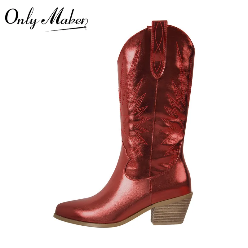 Onlymaker Pointed Toe Western Cowboy Boots Woman Red Wide Calf Embroidered  Block Heel Pull-On Cowgirl Mid-Calf Boots