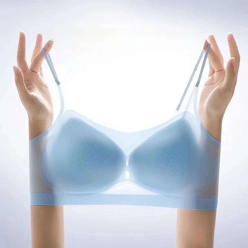 Soutien-gorge Ultra-fin et respirant en soie glacée pour femmes, dos nu sans couture, gilet portefeuille, petite poitrine ensemble