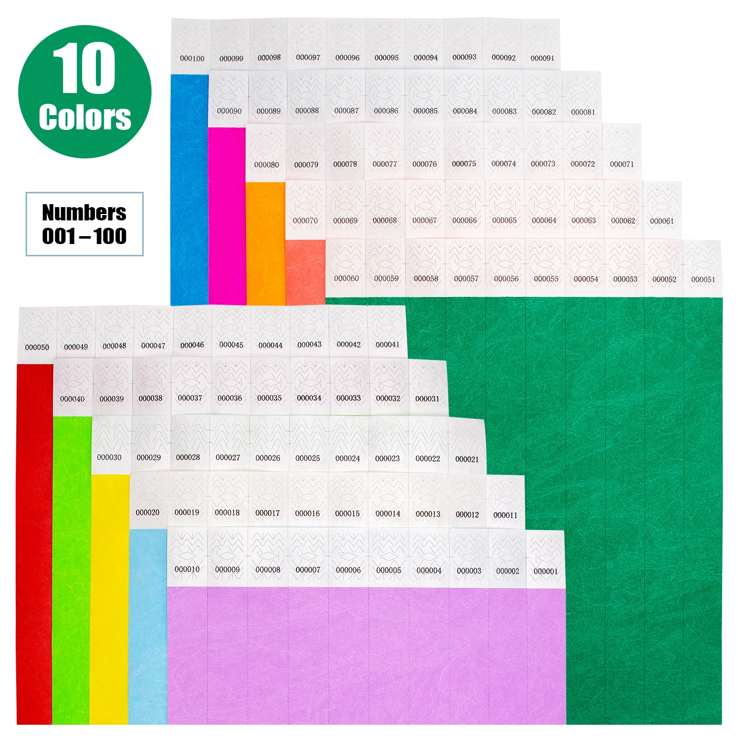 100pcs Mixed 10 Colors（Numbers 001 – 100）Multicolored Tyvek Bracelets Activity Ticket ldentification Band Waterproof