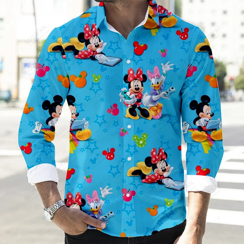 2022 Fall Newest Cartoon Casual Button Long Sleeve Shirt Disney Donald Duck and Mickey 3D Full Print Fashion Men\'s Lapel Top