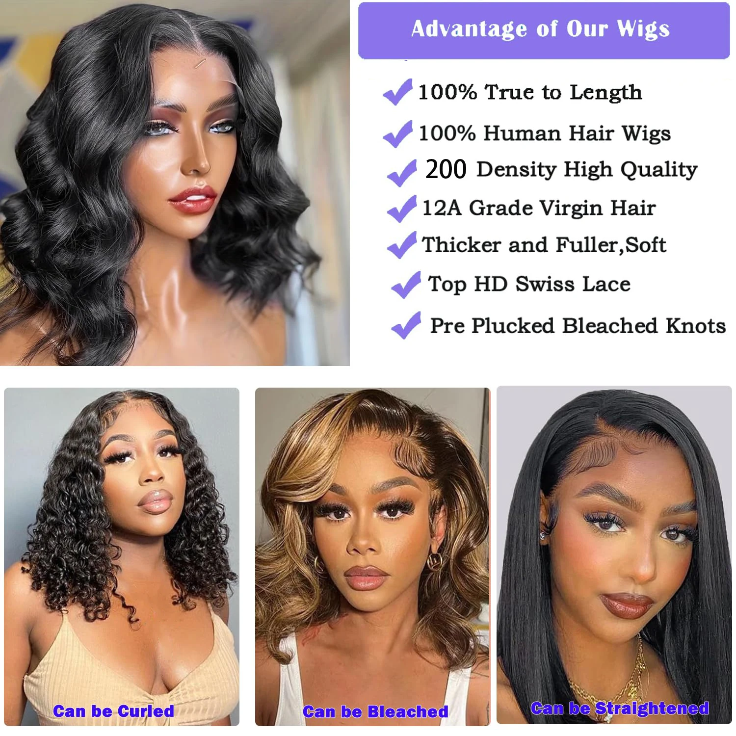 13x4 Body Wave Lace Front Wigs Human Hair Pre Plucked 180% Density Short Bob Frontal Wigs for Black Women Natural Black Color 1B