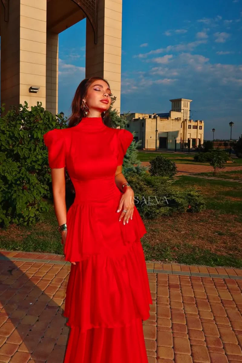 Jessica Short Sleeves And Turtleneck Evening Dresses Red Hand-layered Prom Dresses Women's Formal Party Dresses Customized