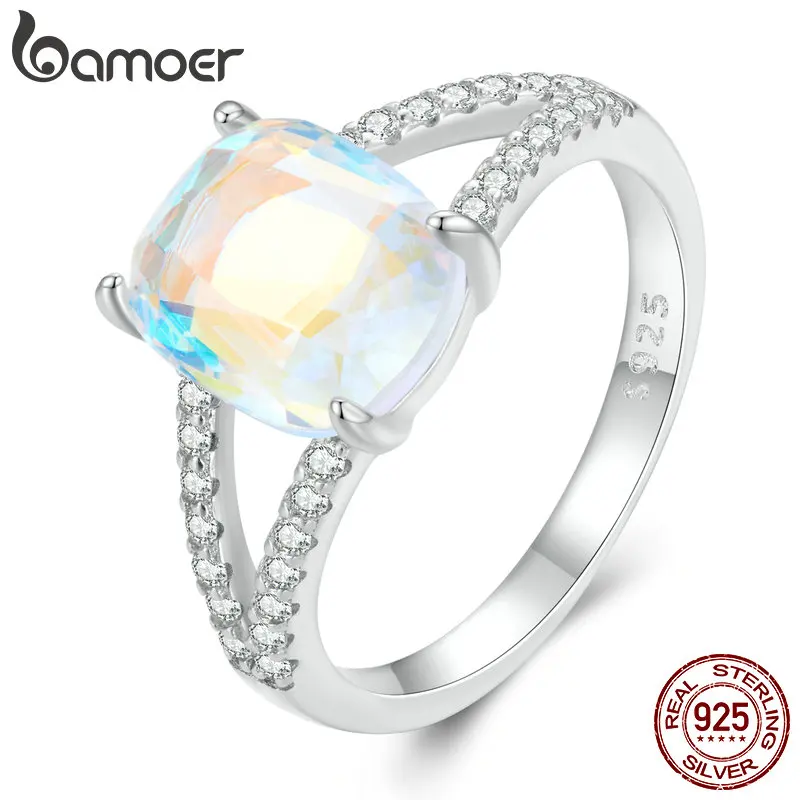 Bamoer 925 Sterling Silver Colorful Crystal Ring Plated Platinum For Women Fashion Gemstone Ring Special Fine Party Jewelry Gift