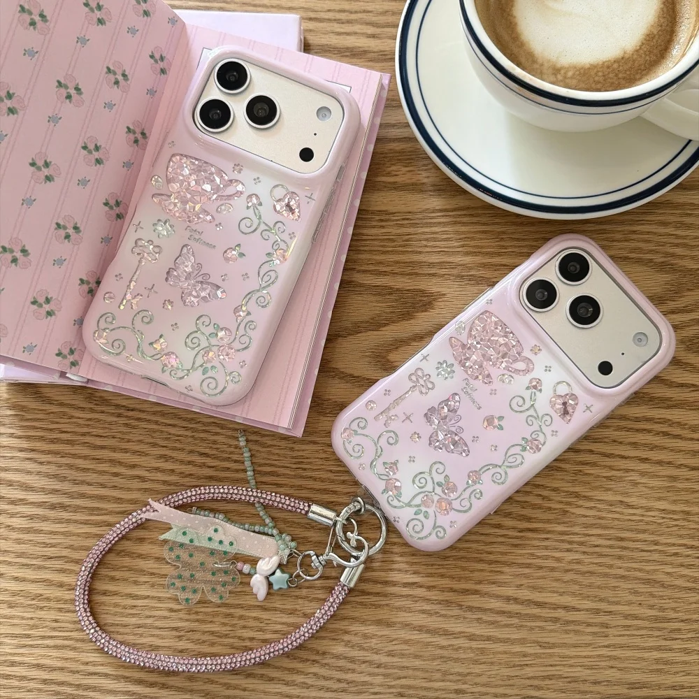 Retro Glitter Butterfly Flower Pattern Glitter Phone Case for iPhone 15 16 17 Pro Max 16 15 Pro Sweet Pink Girly Shockproof Case