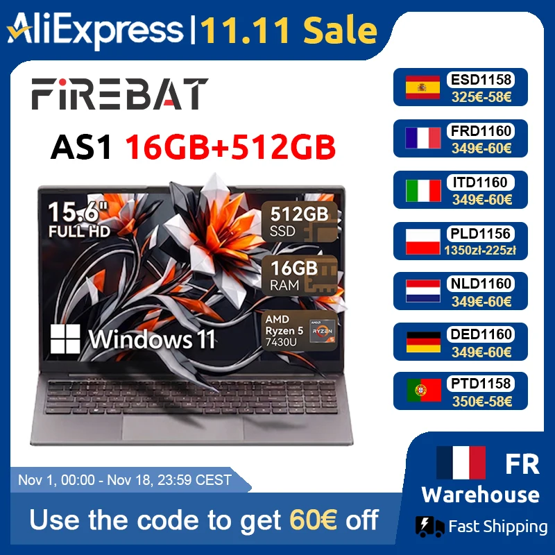 Firebat Laptop AS1 AMD R5 7430U 16GB DDR4 512GB SSD 15,6 inch Windows 11 Notebook Type-C WIFI6 Verlicht toetsenbord in volledige grootte