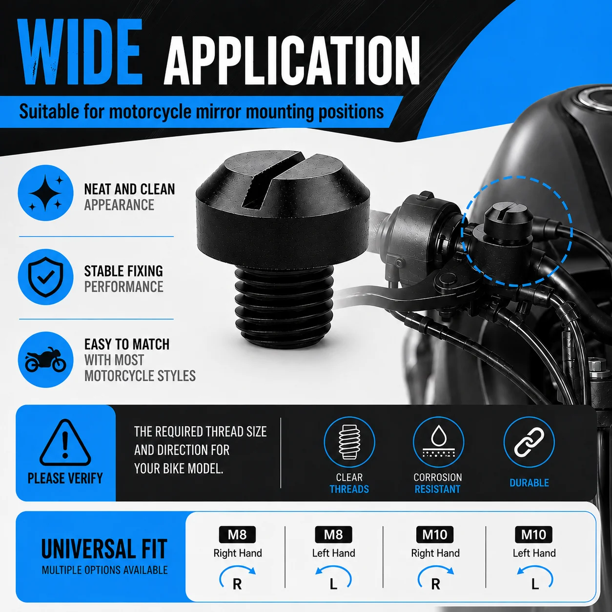Motorcycle Mirror Hole Plug M8 M10 Left Right Hand Thread Mirror Mount Bolt Cap Aluminum Cover