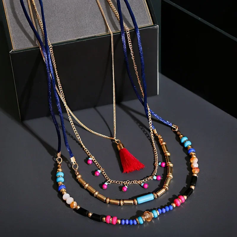 Damskie czeskie koraliki Boho Tassel oświadczenie naszyjnik wielowarstwowe tkane długie wiszące etniczne Choker naszyjnik kobiety — zdjęcie 2