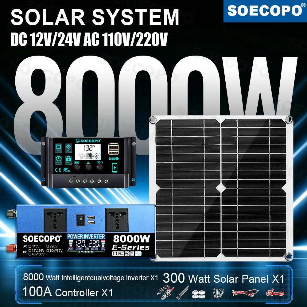 SOECOPO Intelligent 8000W Solar Kit 300W Panel Stable Output Inverter Controller for Home RV Camping Outdoor Emergency Backup