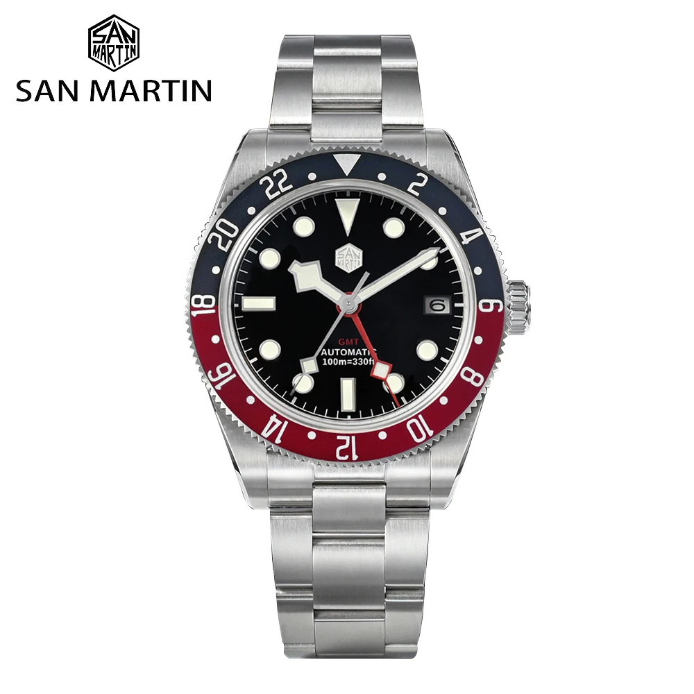 

San Martin New GMT Men Luxury Watch Brand Fly Adjustable Clasp Aluminum Bezel NH34 Automatic Mechanical 10Bar Waterproof SN0109