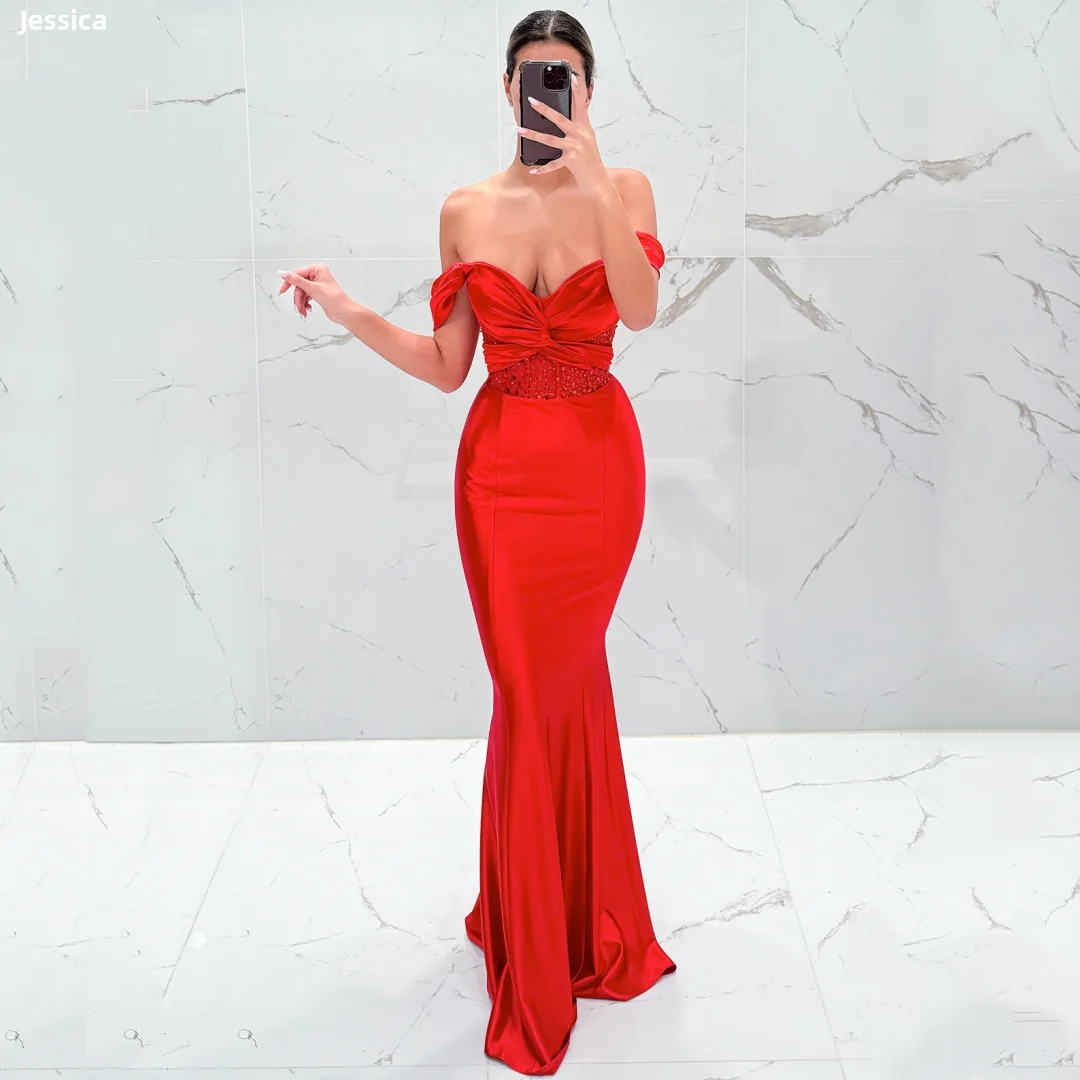 

Jessica Exquisite Red Evening Dresses Sequined Satin Waist Prom Dresses Off-shoulder Women's Wedding Party Dresses Customized