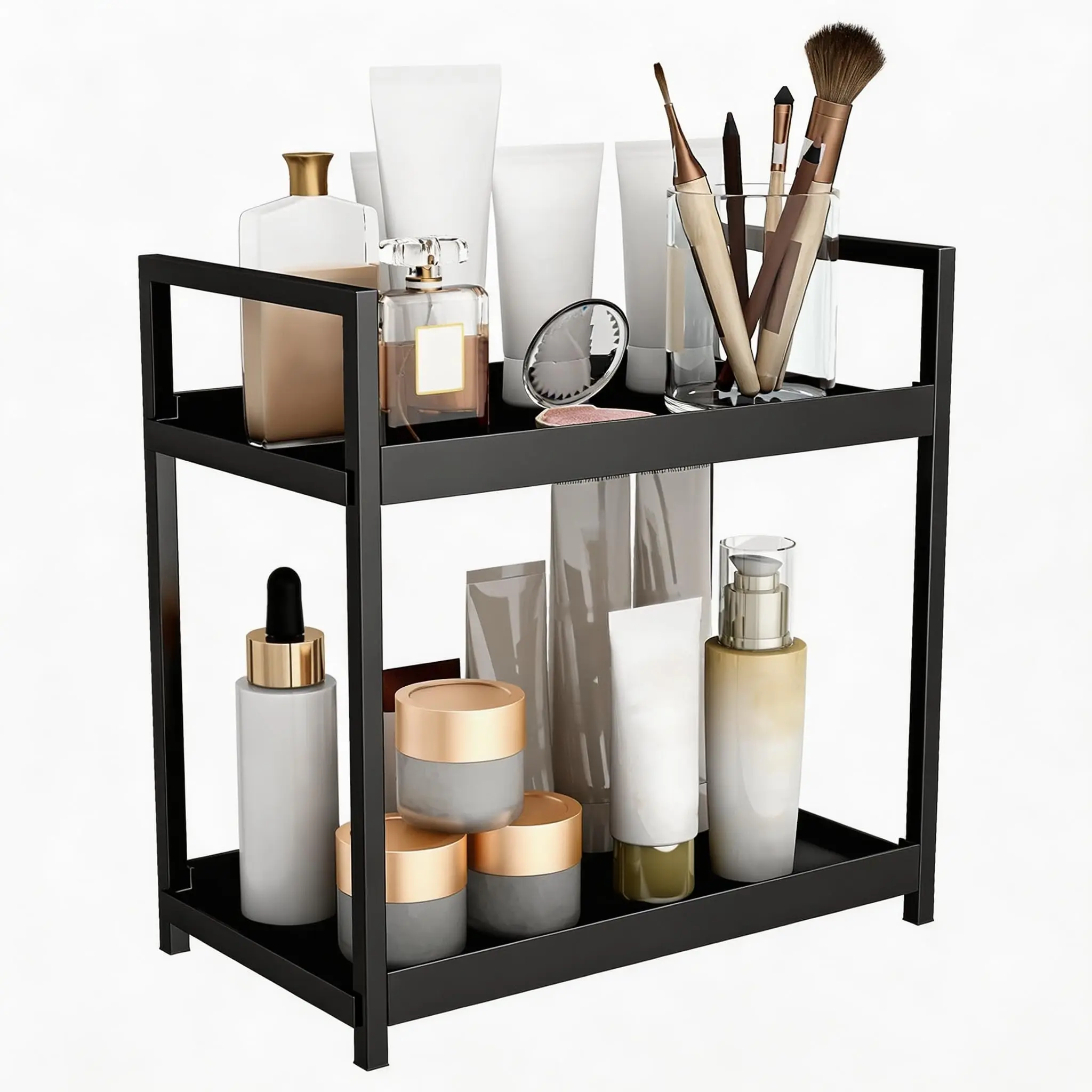 Organisateur de cosmétiques, étagère de coiffeuse en métal noir à 2 niveaux, en fer avec PP, gain de place, antidérapant, facile à nettoyer, stable ; pour épices, parfums, soins de la peau ; cuisine, salle de bain, bureau, chambre