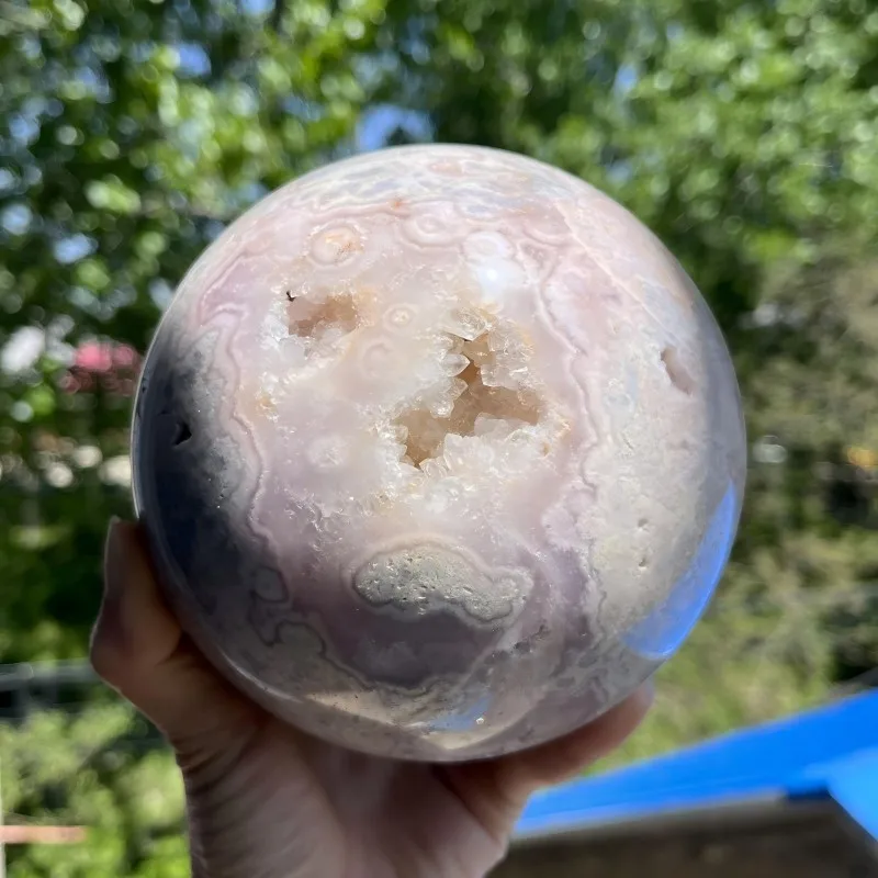 Large 12.8cm Pink Amethyst Sphere with Stunning Patterns and Crystal Caves Unique Home Decor