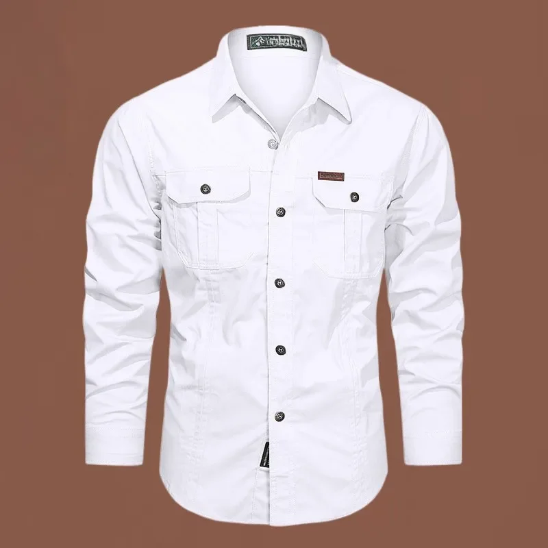 Wiosna Jesień Koszula Cargo Mężczyźni Długi rękaw Casual Bawełniane koszule Wysokiej jakości Camisa Militar Overshirt Marka Odzież Biała Bluzka — zdjęcie 2