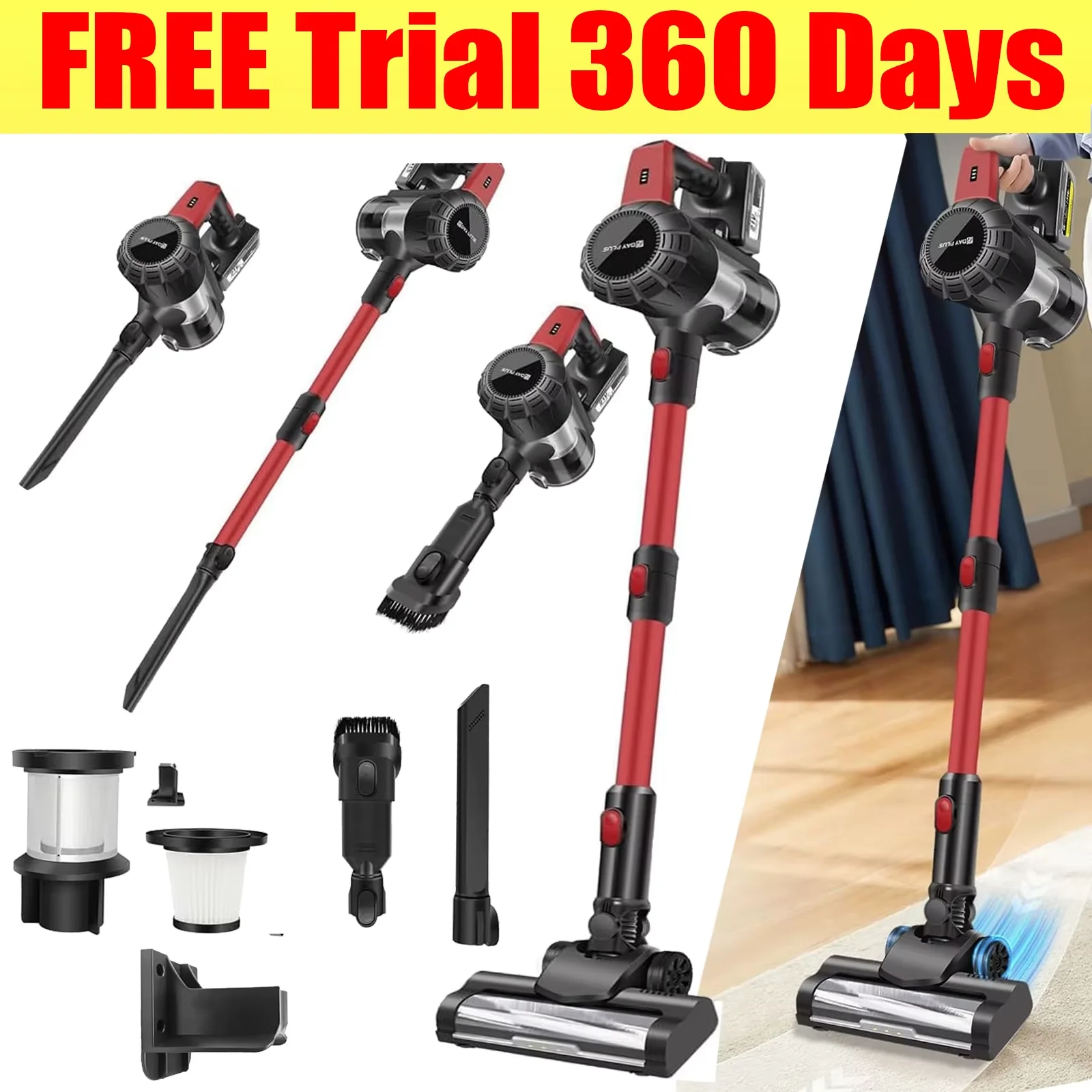 3-in-1 Ultra Powerful Cordless Vacuum Cleaner - 65 Min Autonomy, 1800W 200Kpa Vacuum, Motorised Pet Hair Brush, Lightweight & Quiet - Perfect for Hard