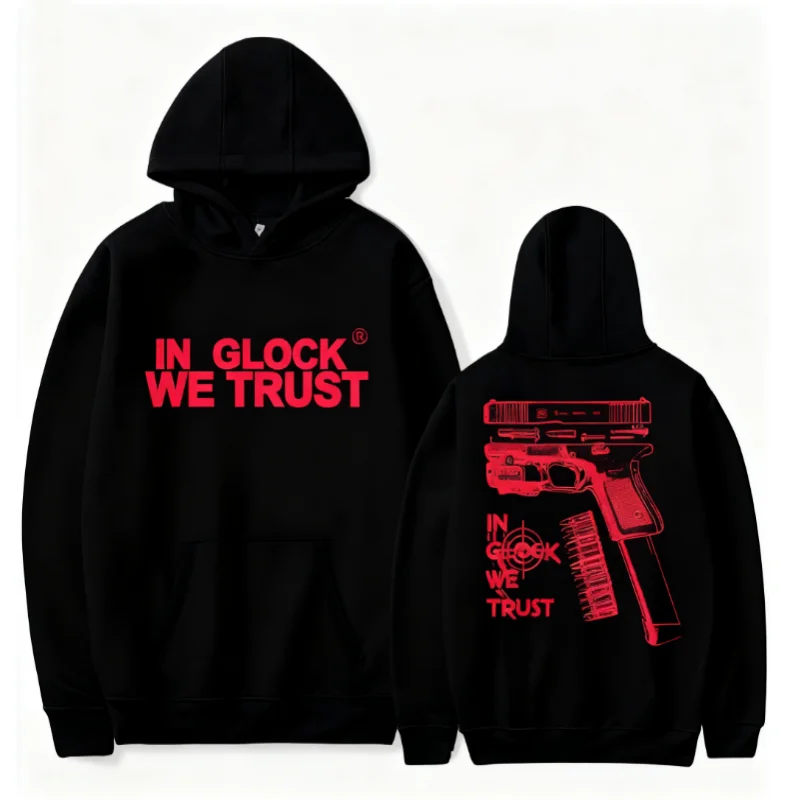 In Glock We Trust roze grafische hoodie voor heren en dames, unisex-stijl 100% katoenen trui