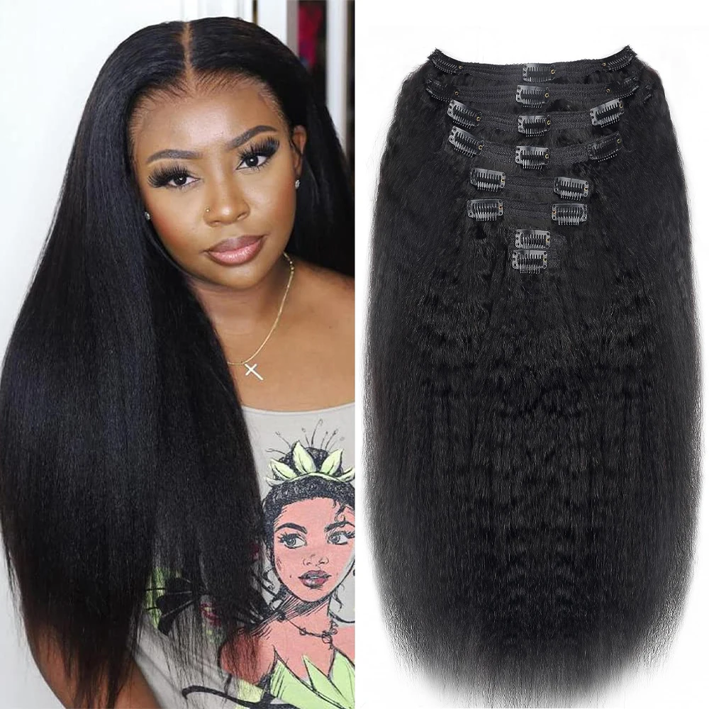 

Kinky Straight Human Hair Clip in Extensions 120g 8Pcs Full Head Clip ins For Women 100% Unprocessed Brazilian Virgin Human Hair